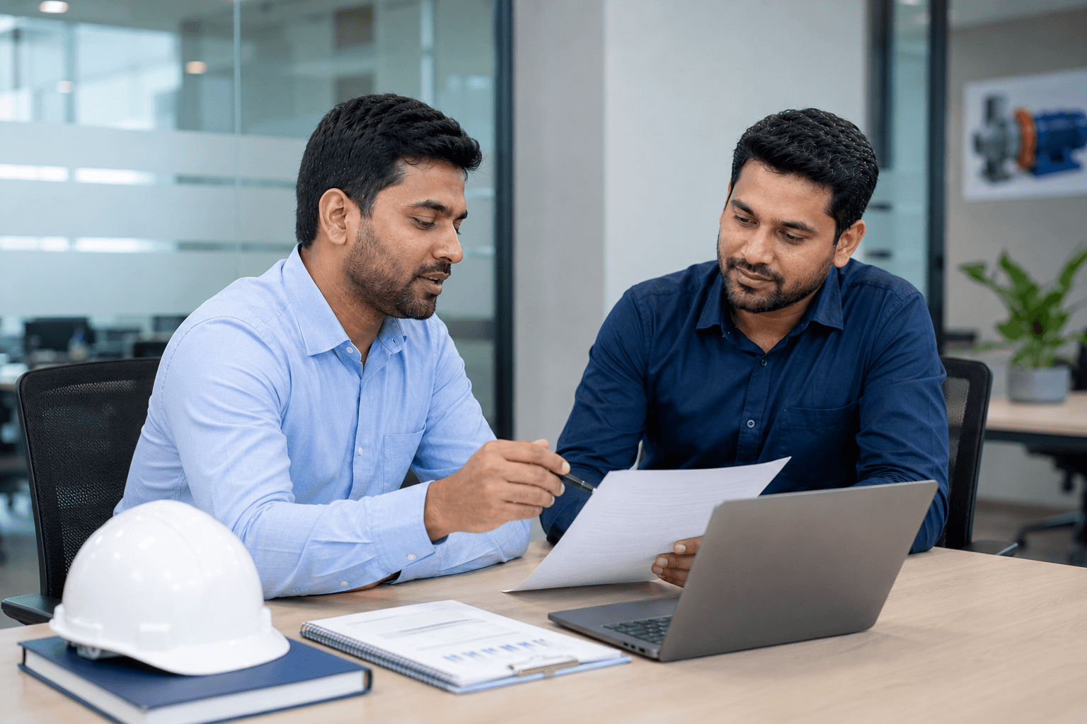 Pump application support discussion with documents and laptop